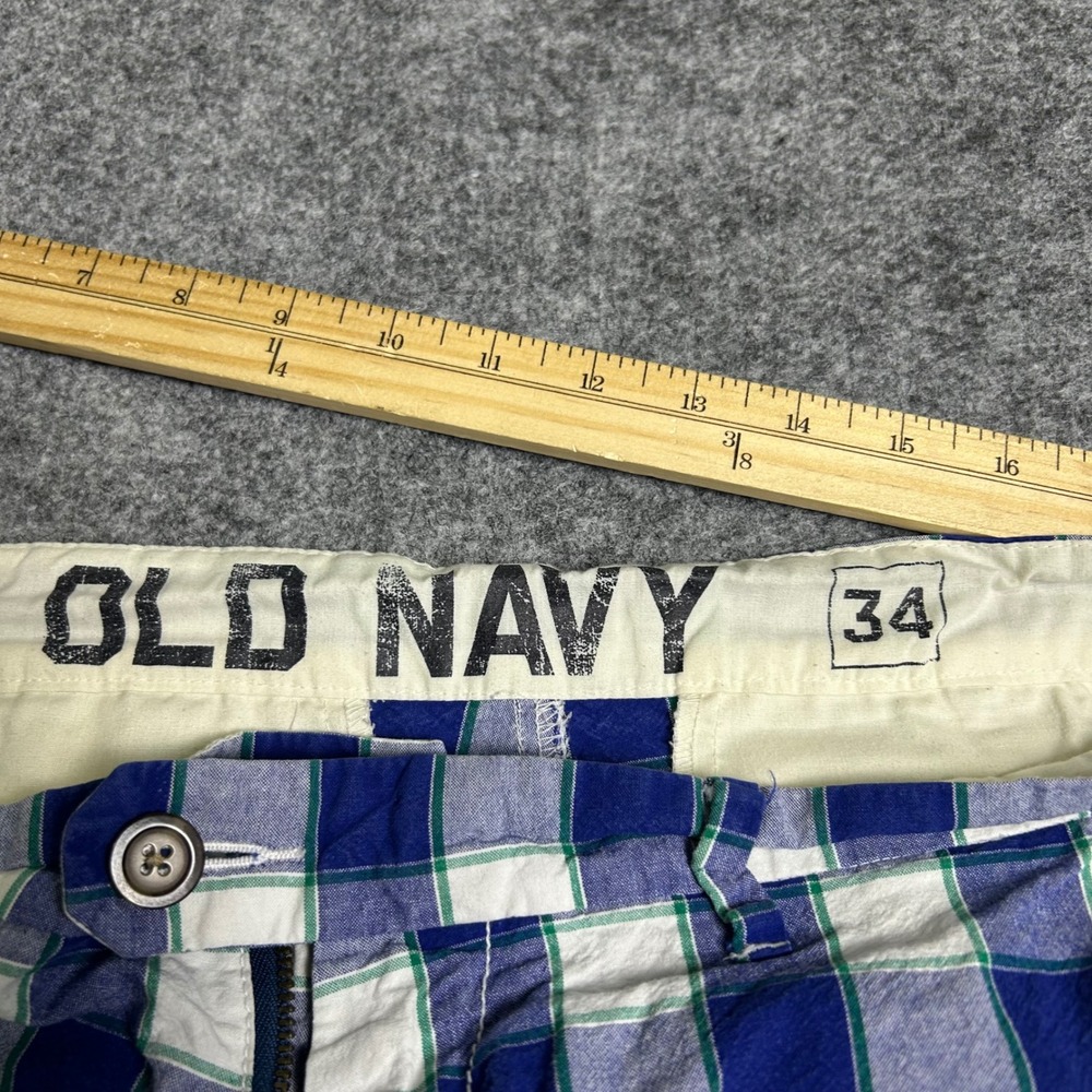 Old Navy Blue White Plaid Chino Shorts Mens Size 34 Preppy Summer Casual Retro - Picture 7 of 7